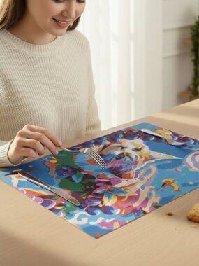 Pastel Nebula – 80s Fantasy Calico Cat, Retro Sci-Fi Art Céleste Placemats (pack